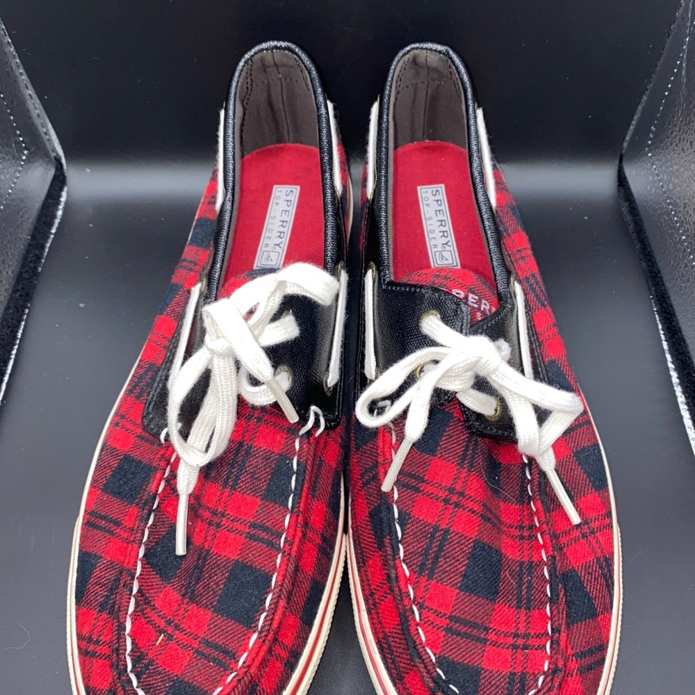 SPERRY Red Black Plaid Top-Sider Women's 11 M Shoe Sneaker Two Eyes